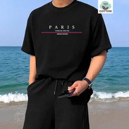 Men's loose fit short-sleeved T-shirt with letter printing in pure cotton fabric