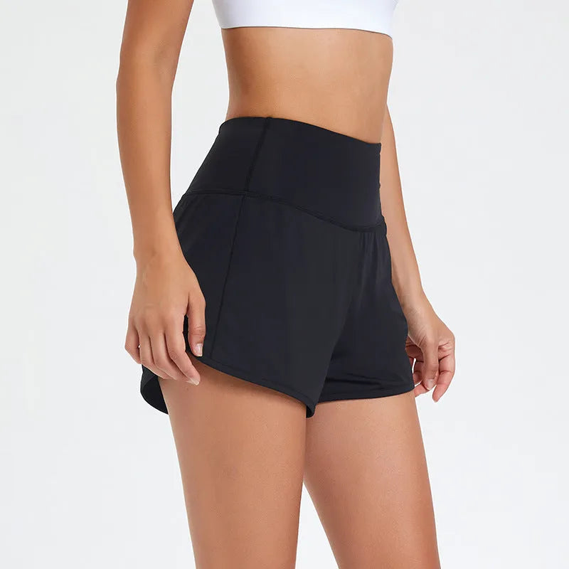 Women's nylon fitness shorts in black with high waist quick-dry design for running and summer sports
