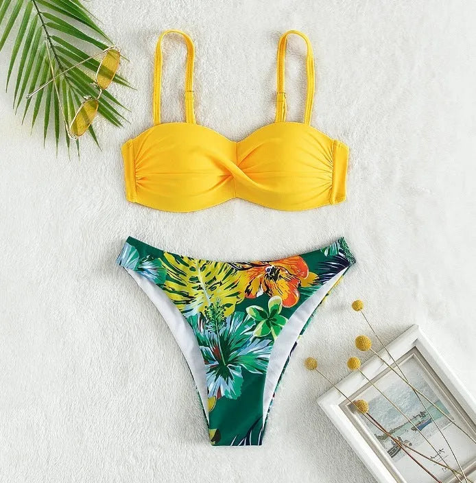 Split push up hard bag bikini swimsuit in fluorescent green with colour-matching pattern for swimming and wading