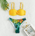 Split push up hard bag bikini swimsuit in fluorescent green with colour-matching pattern for swimming and wading