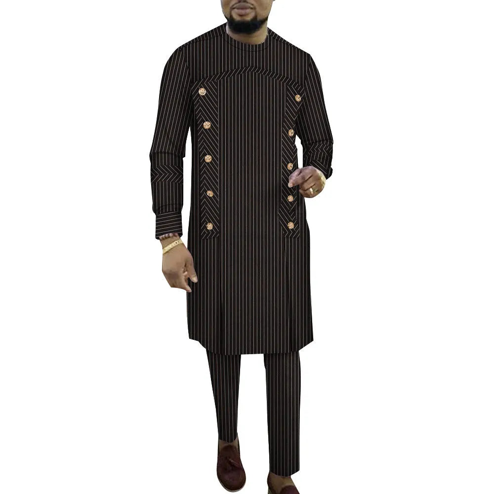 Fashion African men's striped robe two-piece set with cotton long-sleeve top and trousers