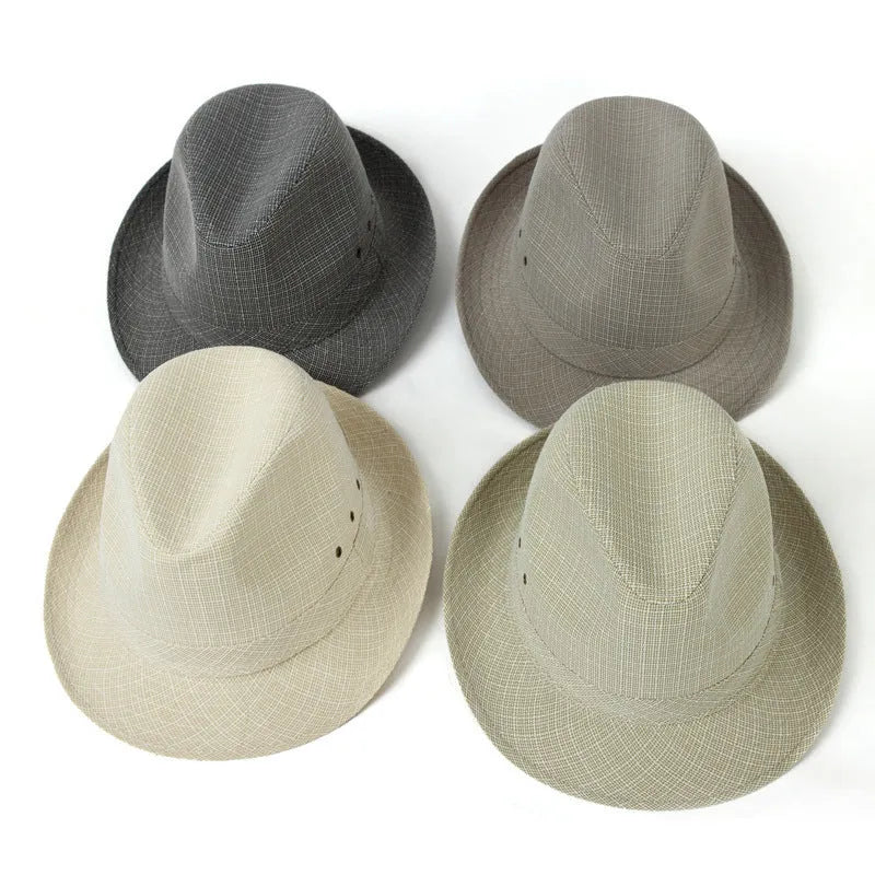 Thickened suit material fedora hat for men shown in beige, with classic pinched crown and brim.