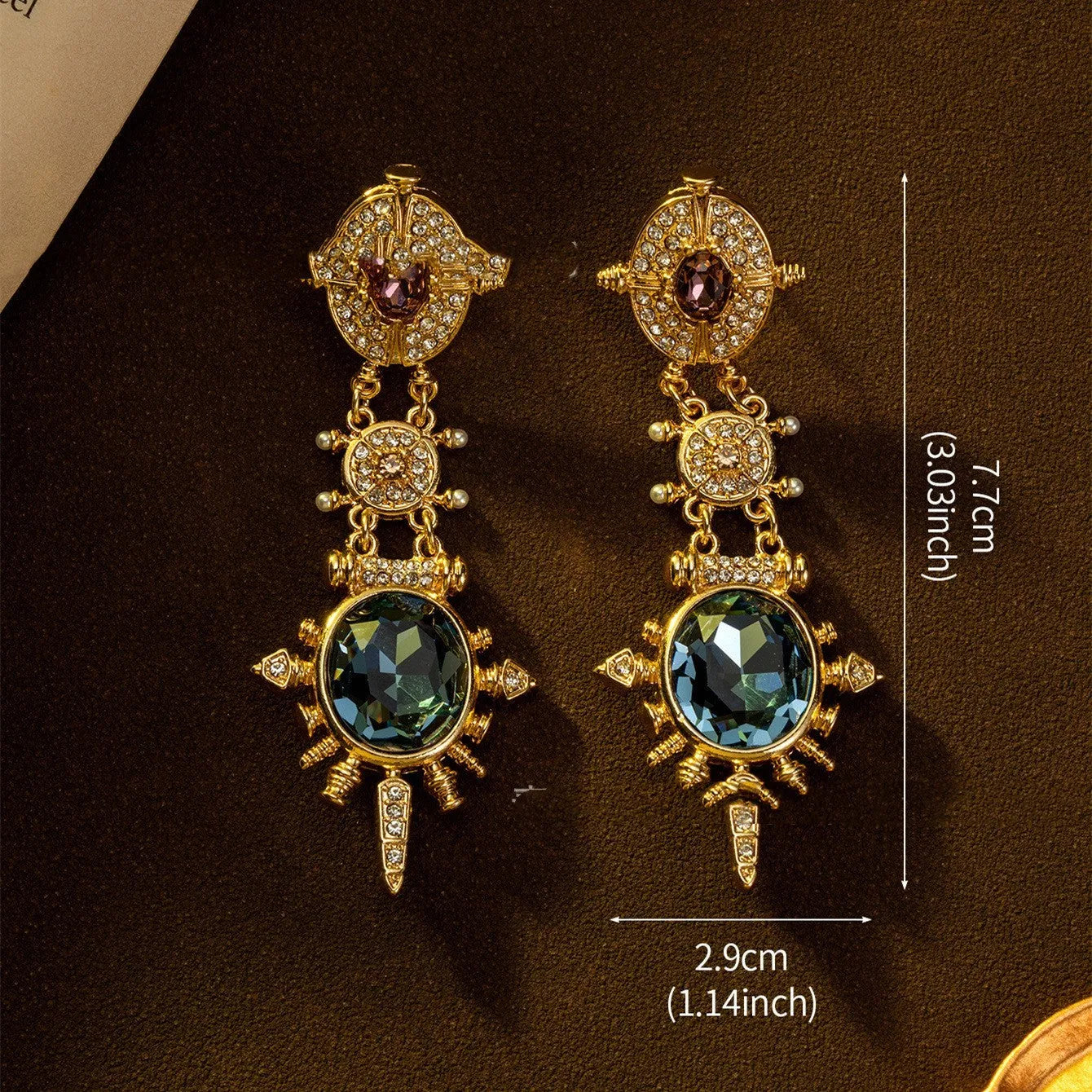 Gold geometric retro stud earrings with diamond finish on alloy material