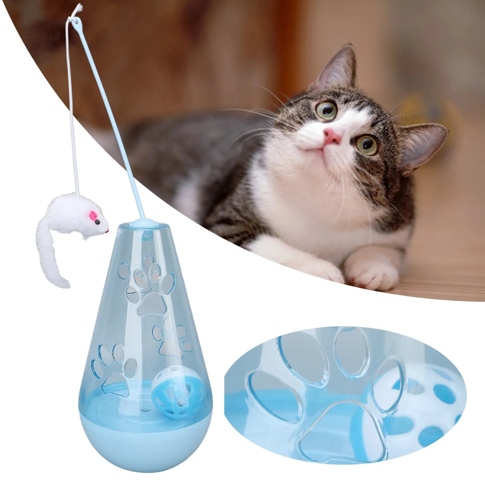 Cat toy with built-in bell ball and plush mouse stick on floor, blue colour, 30cm height