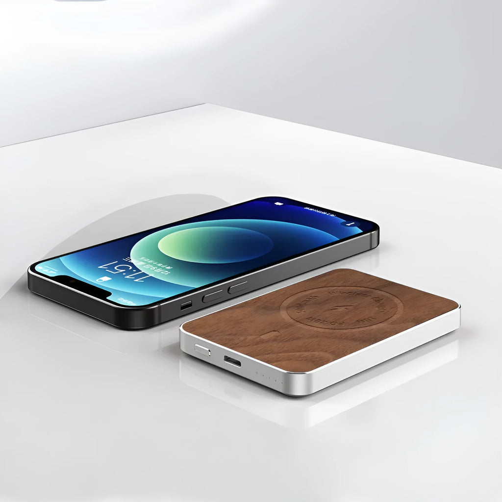 Khaki aluminium magnetic wireless charging power bank showing USB port and dimensions