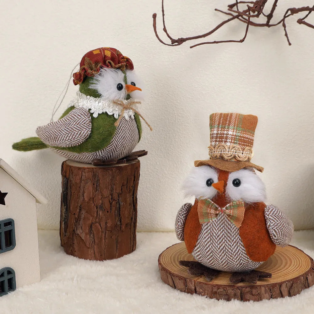 Green and orange cloth Thanksgiving pendant ornament featuring an owl and harvest bird design.