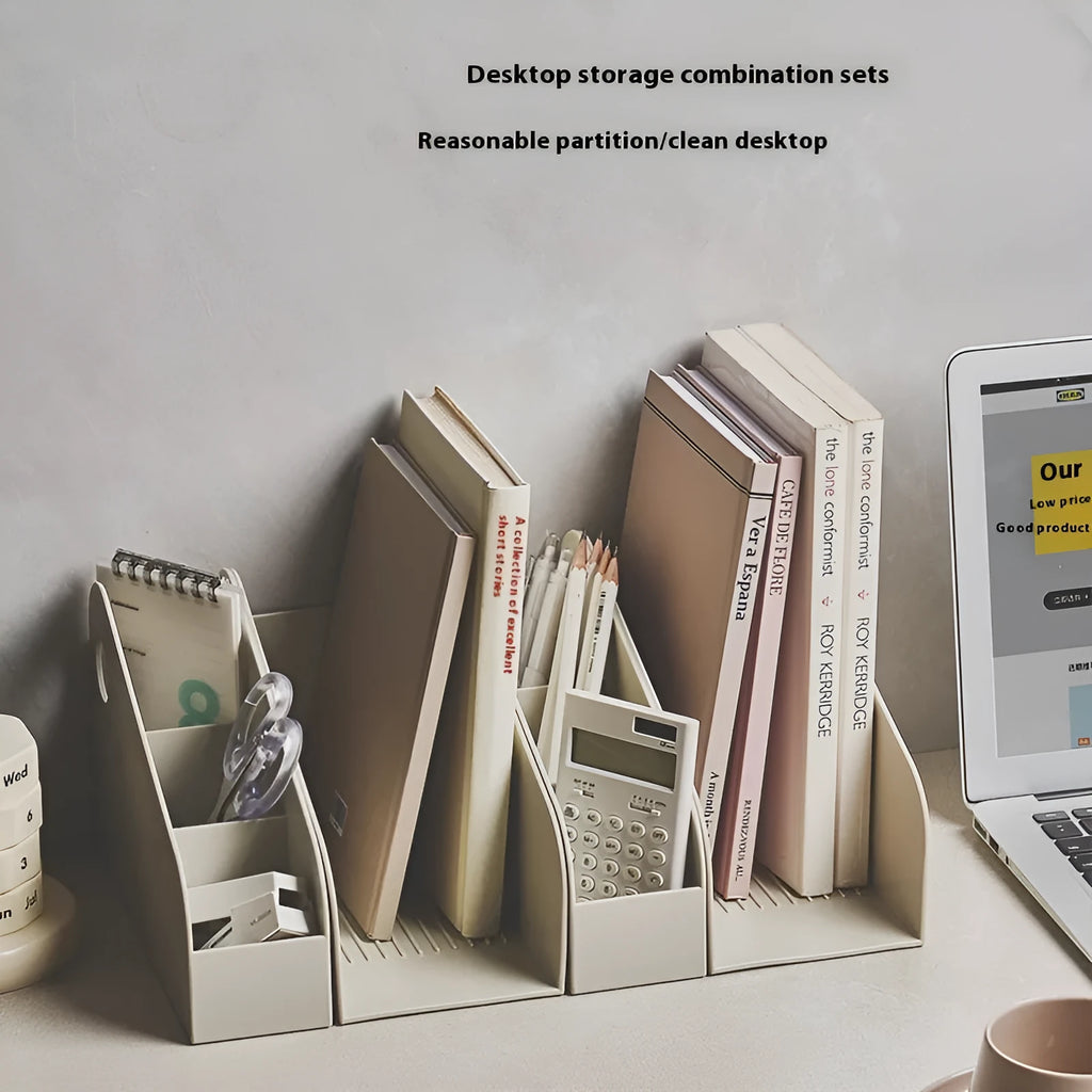 Desktop storage box with two compartments in milk coffee colour, dimensions 14.5x17x22cm