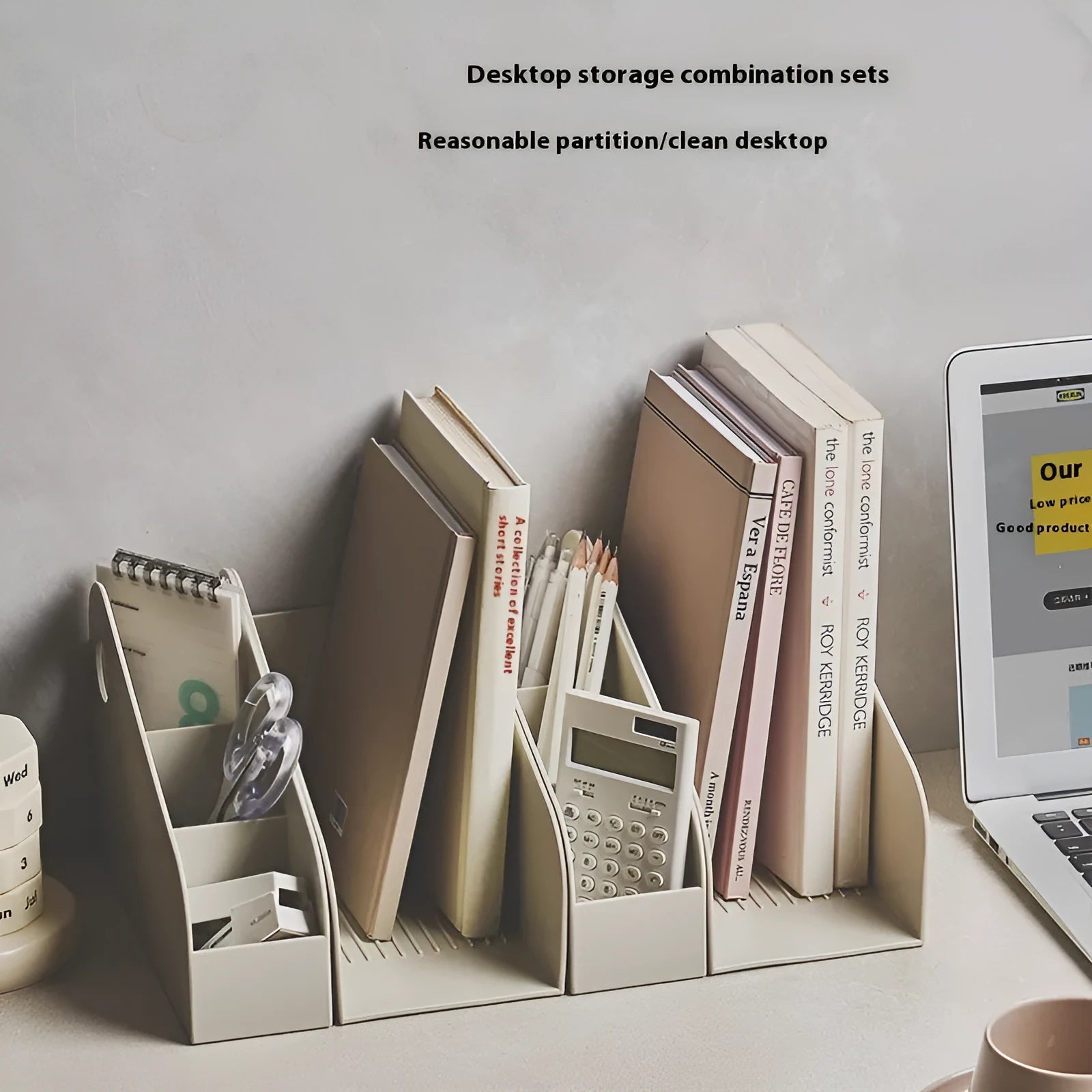 Desktop storage box with two compartments in milk coffee colour, dimensions 14.5x17x22cm