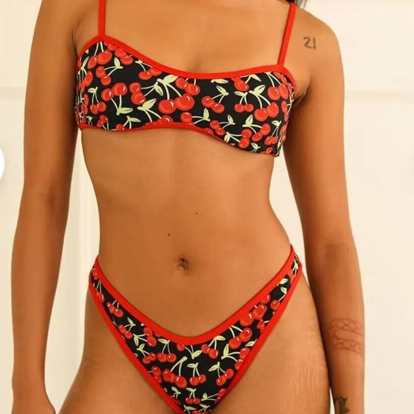 Women's cherry print tube top bikini swimsuit in polyester fiber with floral pattern, available in sizes S to XL