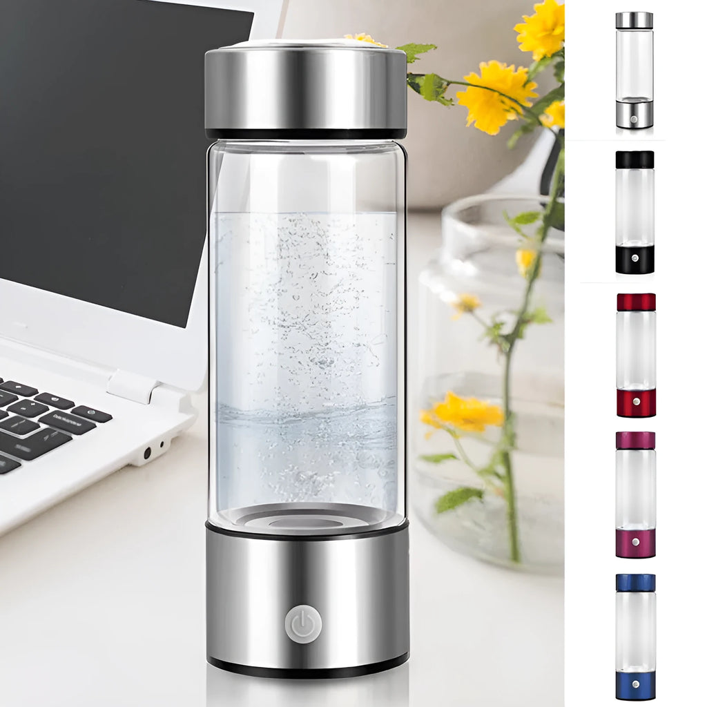 Hydrogen water bottle in silver with electric base, borosilicate glass body, 21.5cm tall, 401-500ml capacity