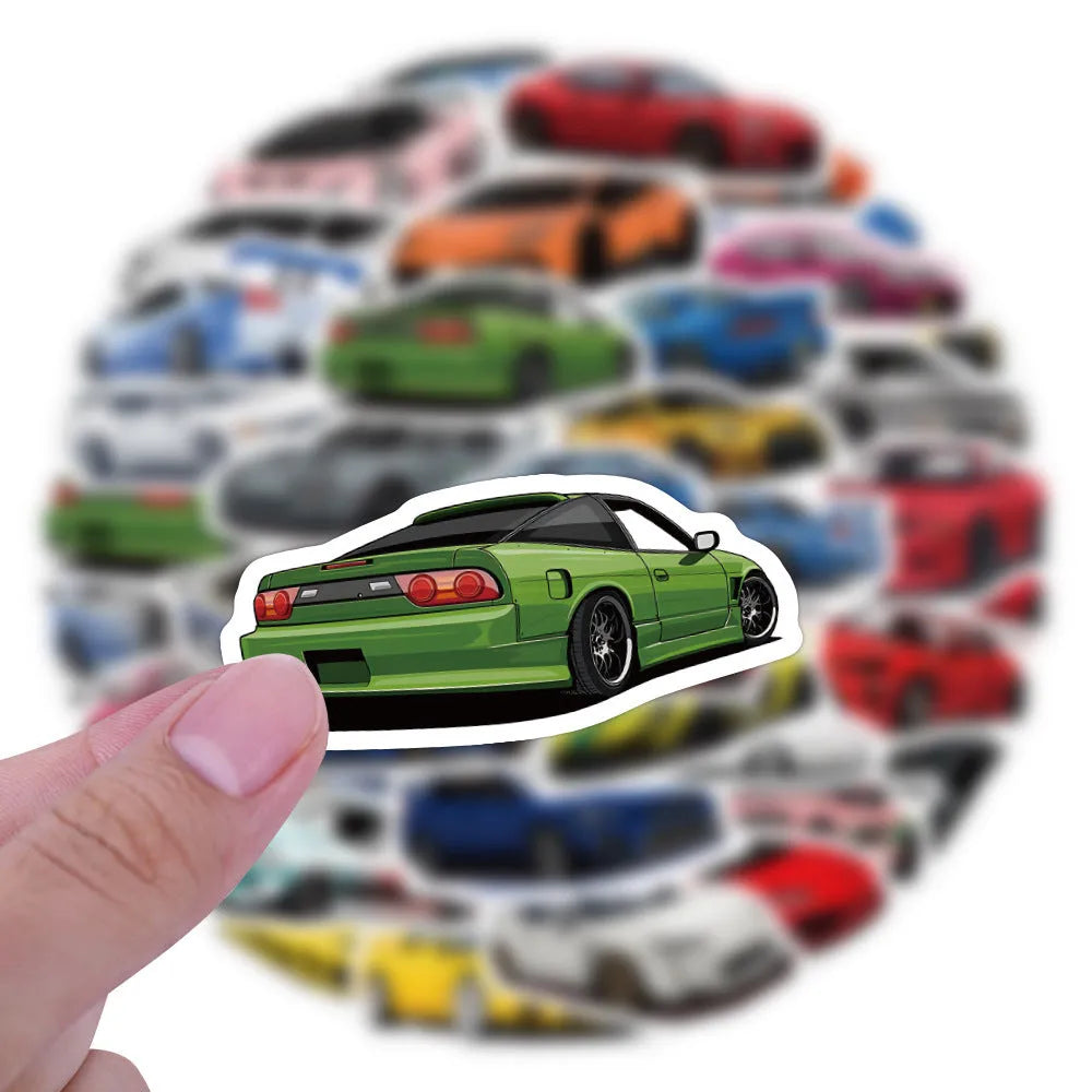 60 multicolour sports car graffiti stickers 5-7cm on a white background