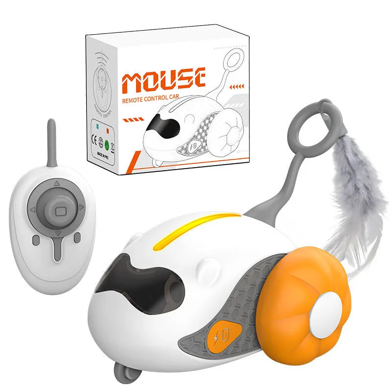 Remote control cat teaser toy in orange with feather attachment on plastic body