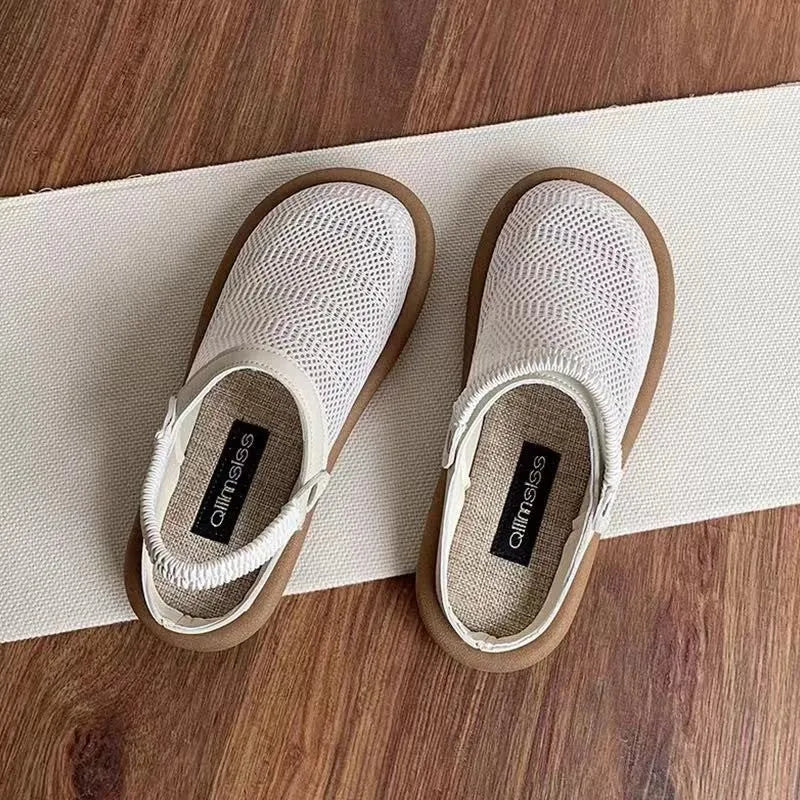Soft bottom closed toe breathable mesh slip-on hole shoes in khaki with linen upper and rubber sole