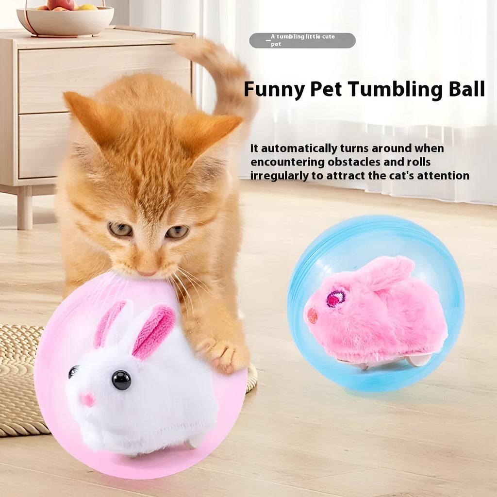 Hamster rolling ball toy set with transparent plastic sphere, plush shell in beige, and battery base on a floor