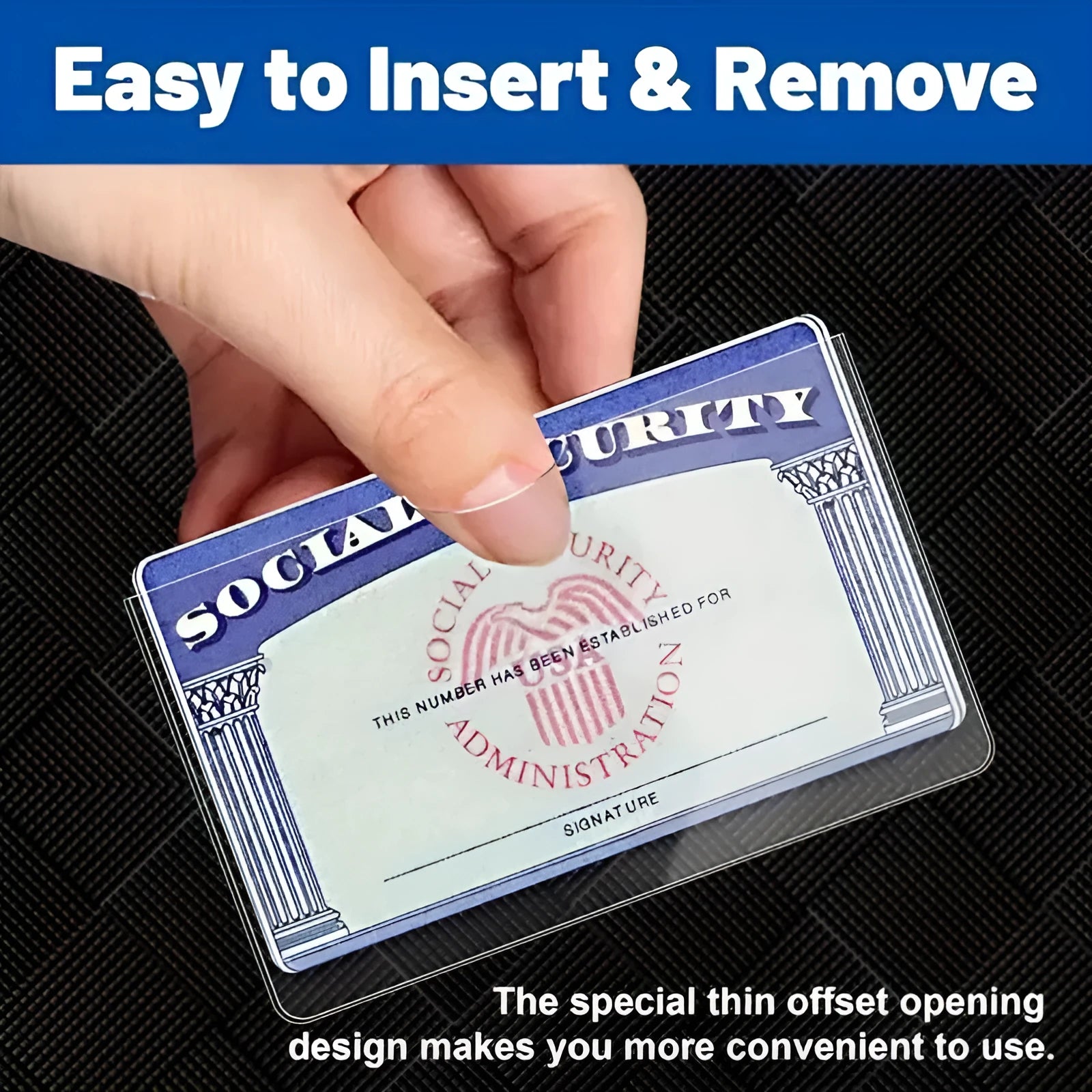 Transparent waterproof PVC card holder protecting a social security card, shown at actual 9.7cm by 5.9cm size.