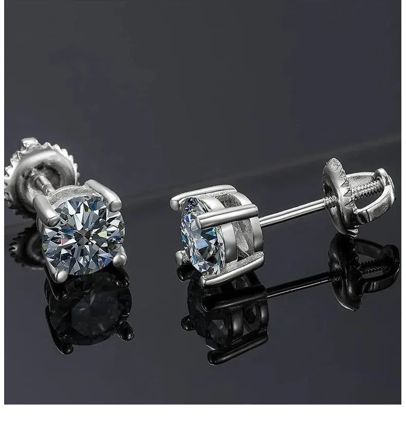 Geometric silver moissanite stud earrings with screw four claw setting, shown with certificate and black card.