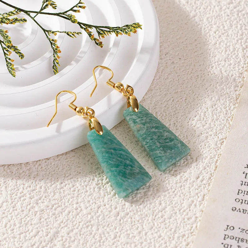 Amazonite rough stone trapezoid cut earrings with geometric design in gold setting