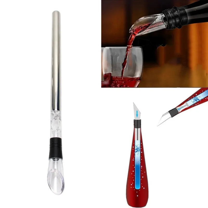 Silver stainless steel wine bottle cooler stick with built-in aerator and drip-free pouring nozzle on a table