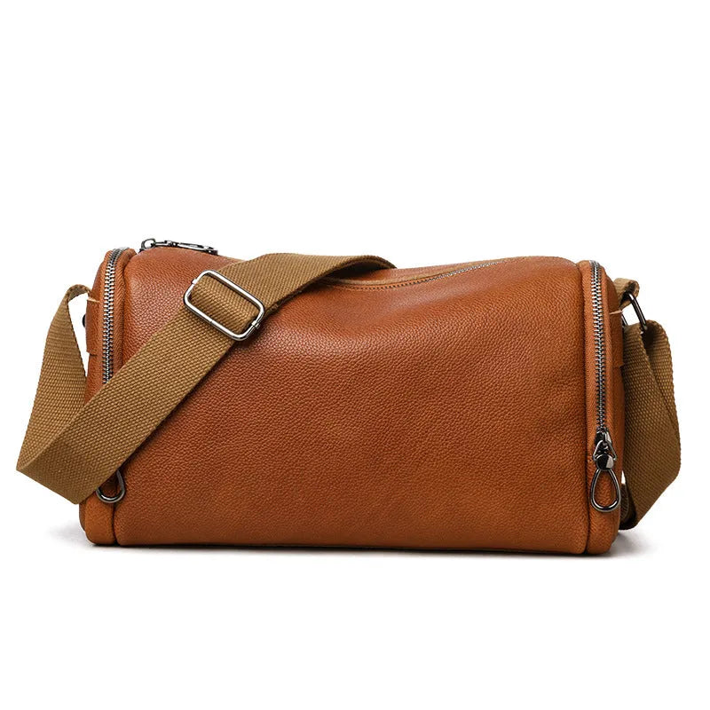 Genuine leather crossbody bag for men, black, with stitching detail and large capacity for business travel