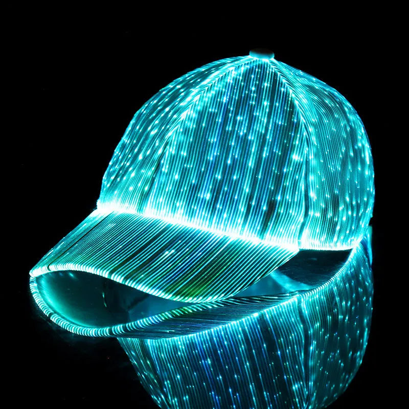 Luminous baseball cap with LED light fibre optic glow, dome crown, black colour, free size