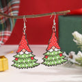 Women's wooden Christmas earrings showing Christmas tree and water drop snowman designs with Santa Claus elements