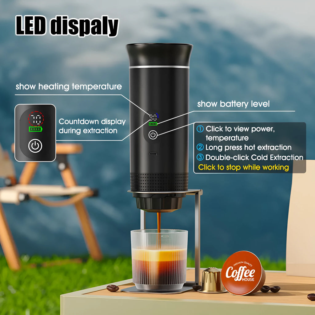 Portable electric capsule coffee machine with LCD display and 80ml water tank, in a car cup holder, black colour, battery powered