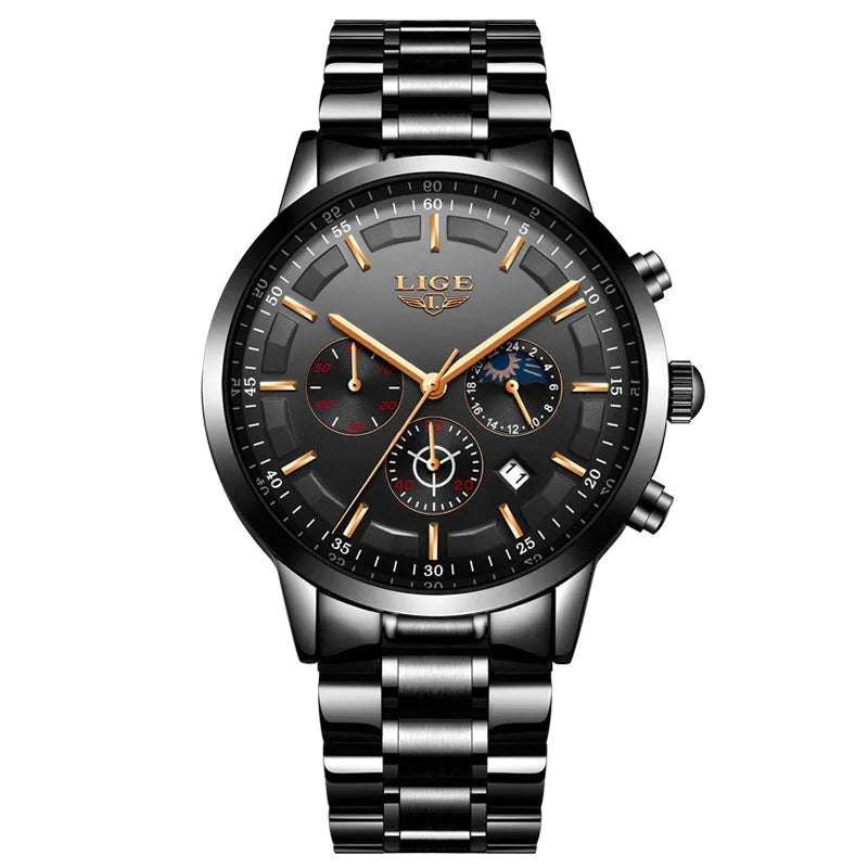Men's black and rose red gold quartz sports watch with waterproof construction and digital display