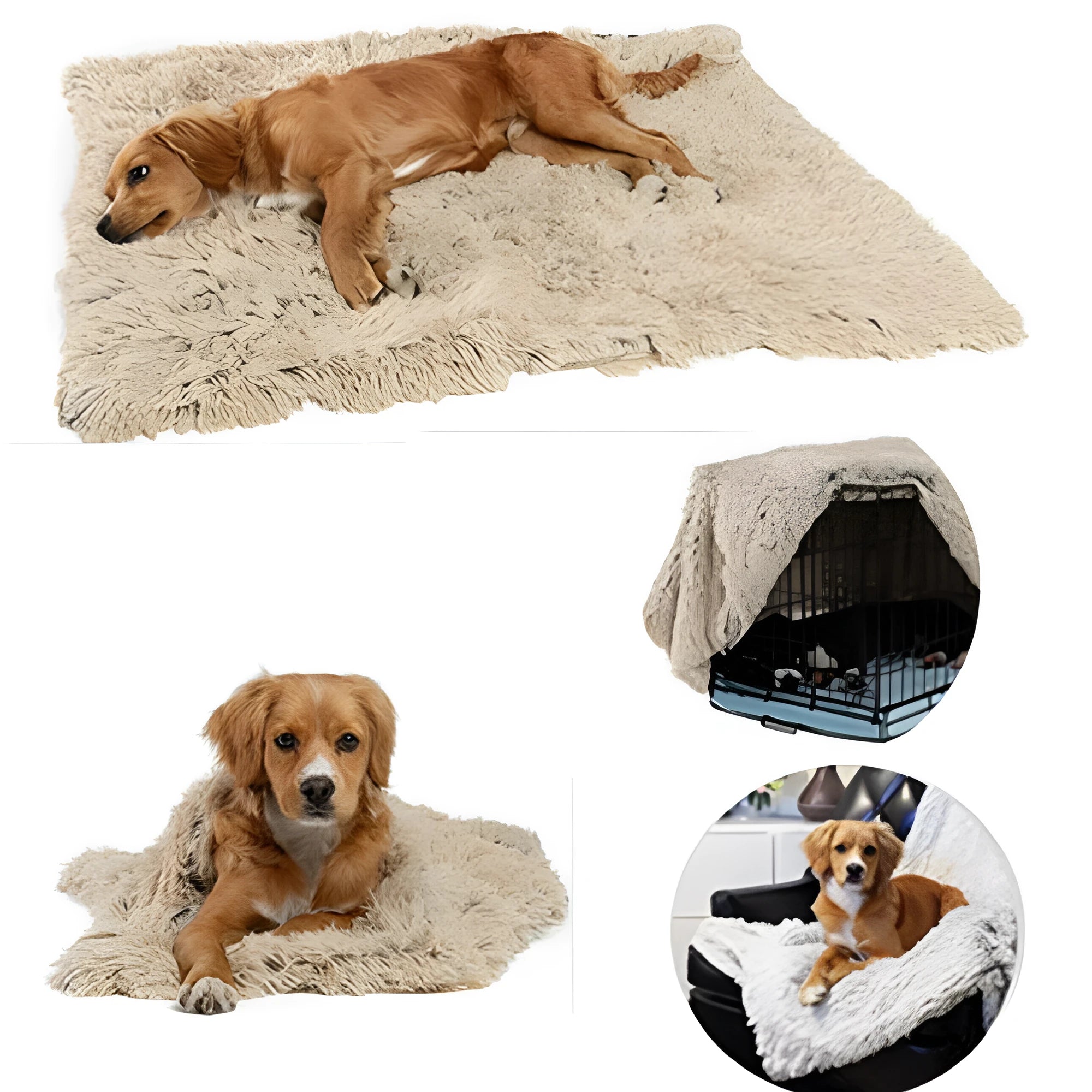A long plush grey pet blanket for dogs, shown in three different sizes.