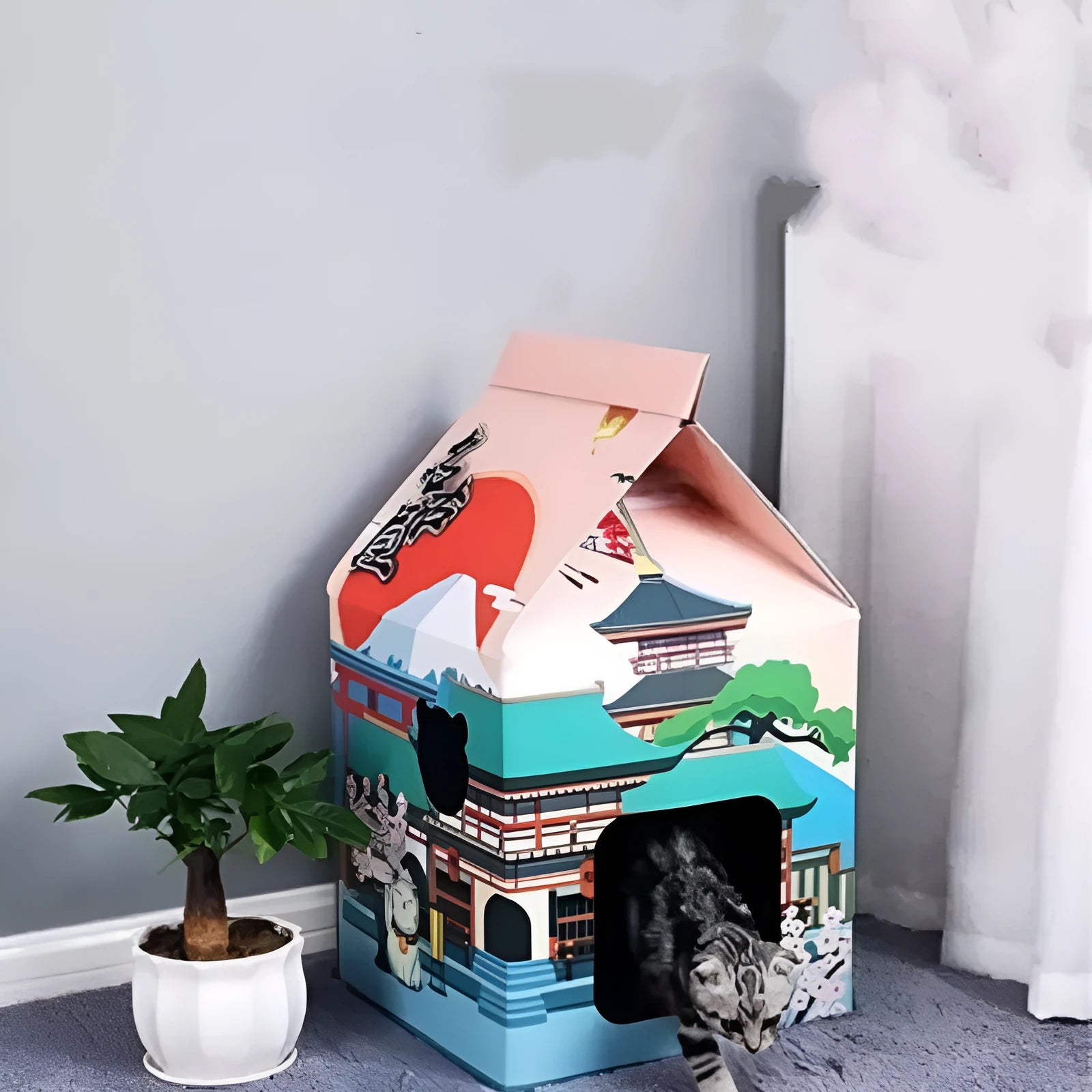 Brown corrugated paper foldable cat scratching board with Nagoya cat design pattern