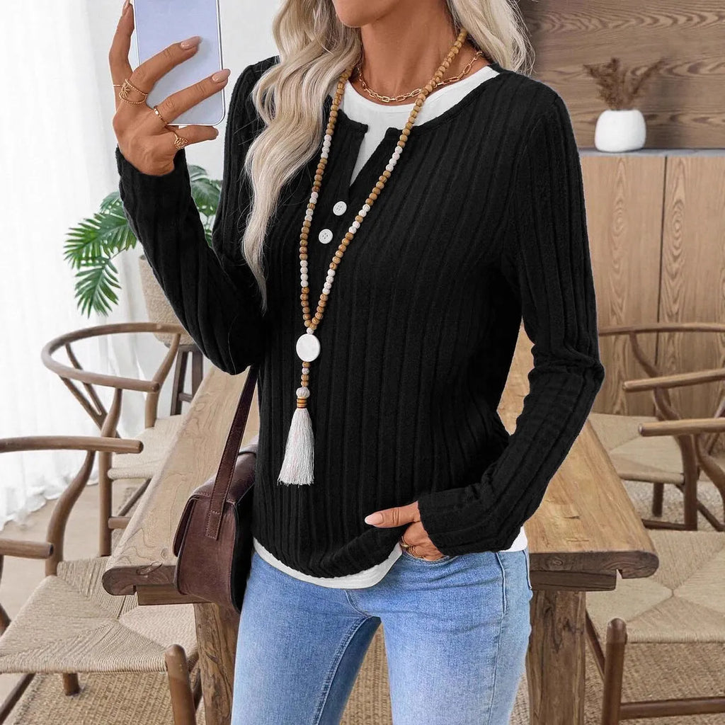 Women's fake two-piece pullover sweater with concave stripe pattern and round neck button detailing