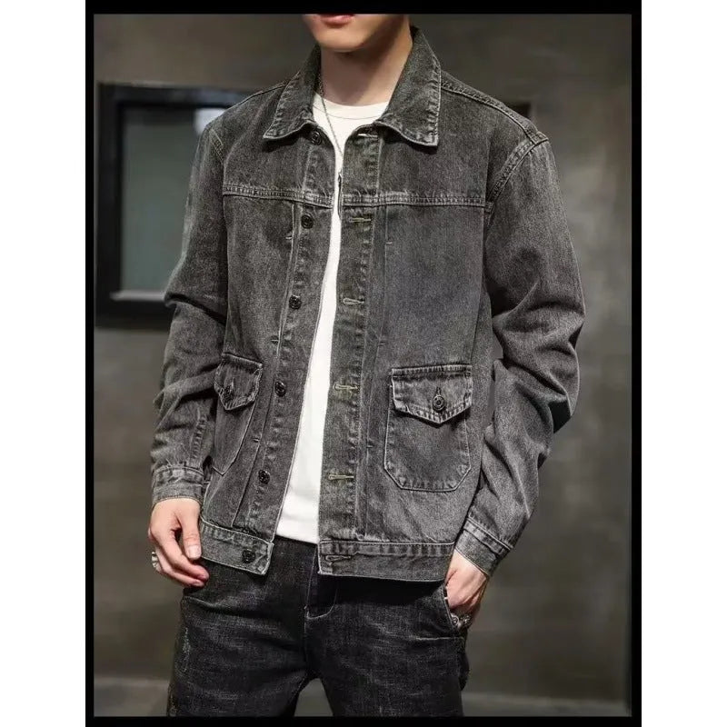 Women's smoky gray denim short jacket with straight hem and side pockets, Korean style, available in black and grey sizes M to 3XL