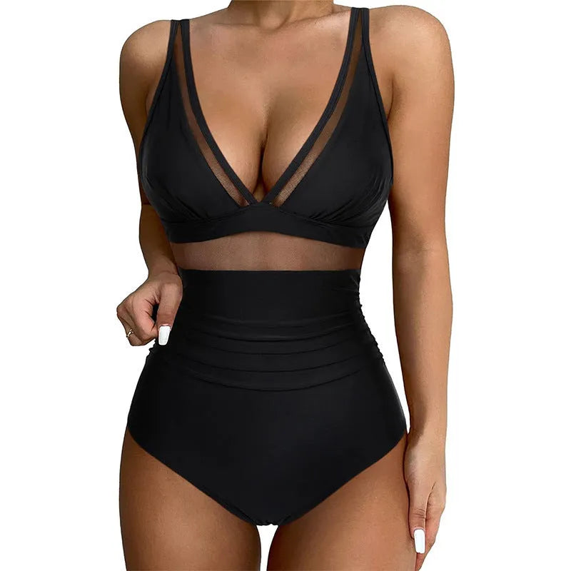 Black women's one-piece swimsuit with halter neck and mesh fabric panelling.