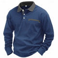 Man wearing a long-sleeved waffle texture polo shirt in a solid colour with a loose, retro fit.