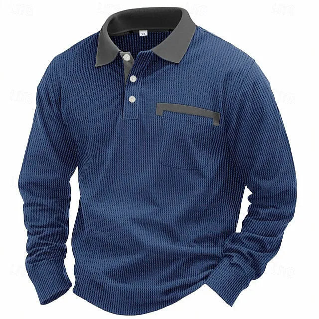 Man wearing a long-sleeved waffle texture polo shirt in a solid colour with a loose, retro fit.