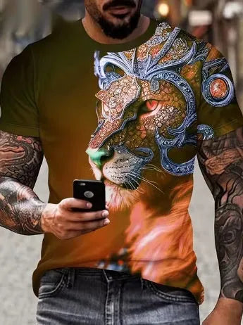 Men's black T-shirt with detailed 3D fierce lion graphic print on chest