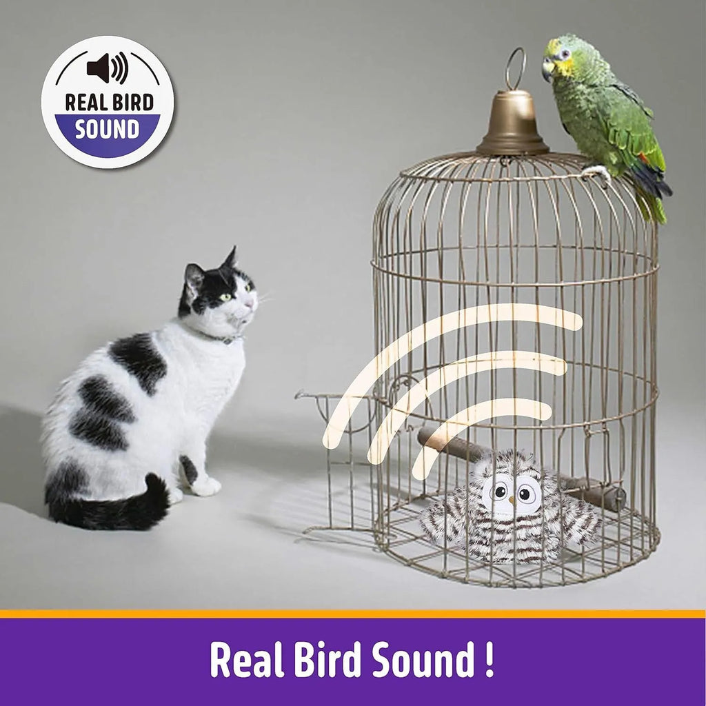 Grey automatic chirping owl cat toy with beating wings for indoor feline play