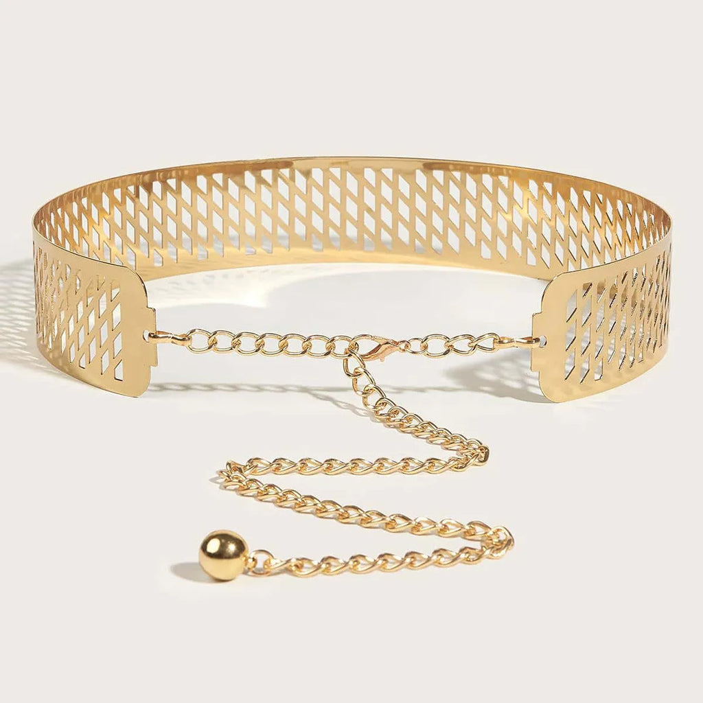 Golden lantern head punching net flower iron waist belt with alloy buckle, 105cm length, gold colour