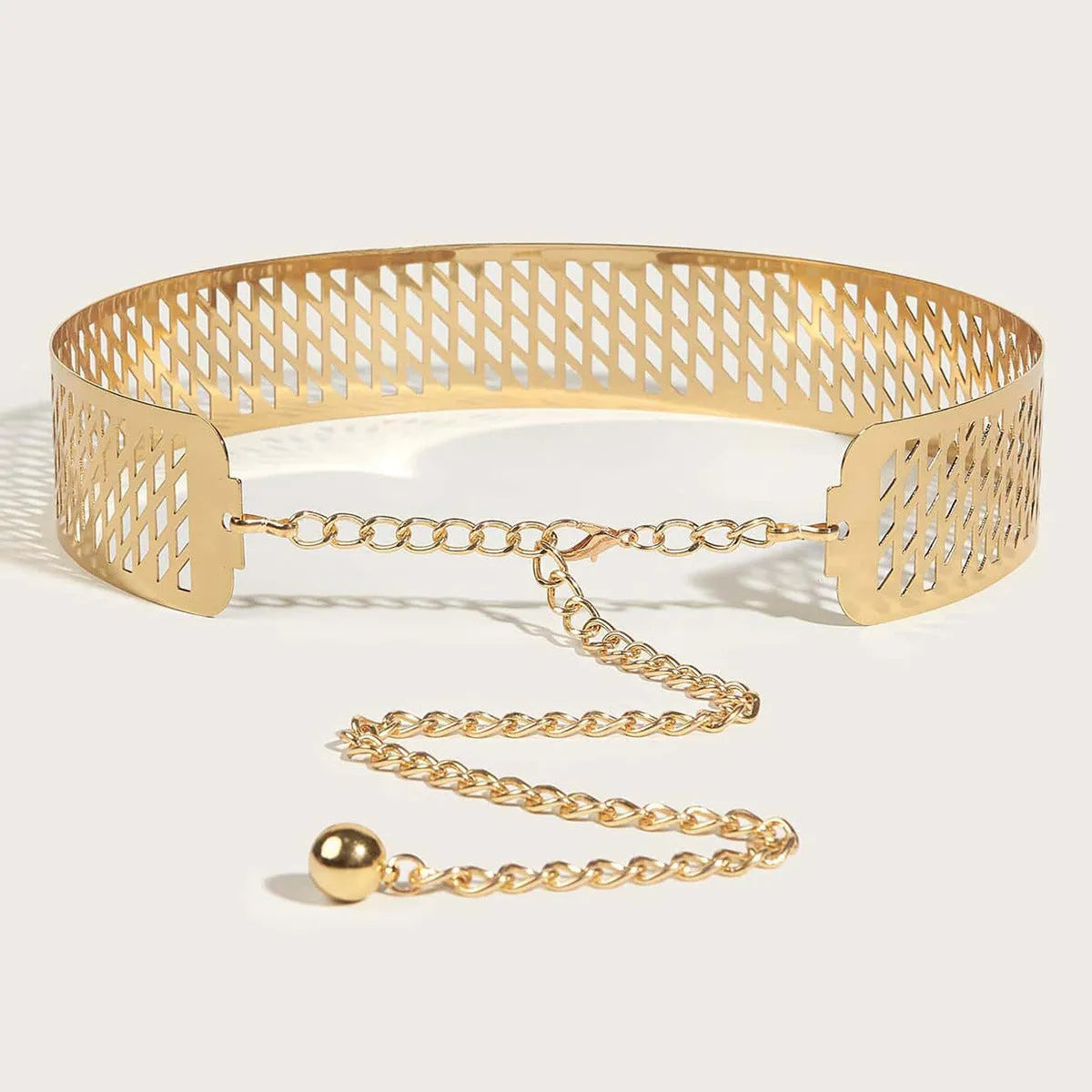 Golden lantern head punching net flower iron waist belt with alloy buckle, 105cm length, gold colour