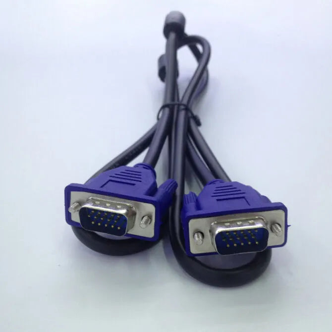 Black 1.5 metre VGA cable with nickel-plated hollow-core terminal and blue moulded head