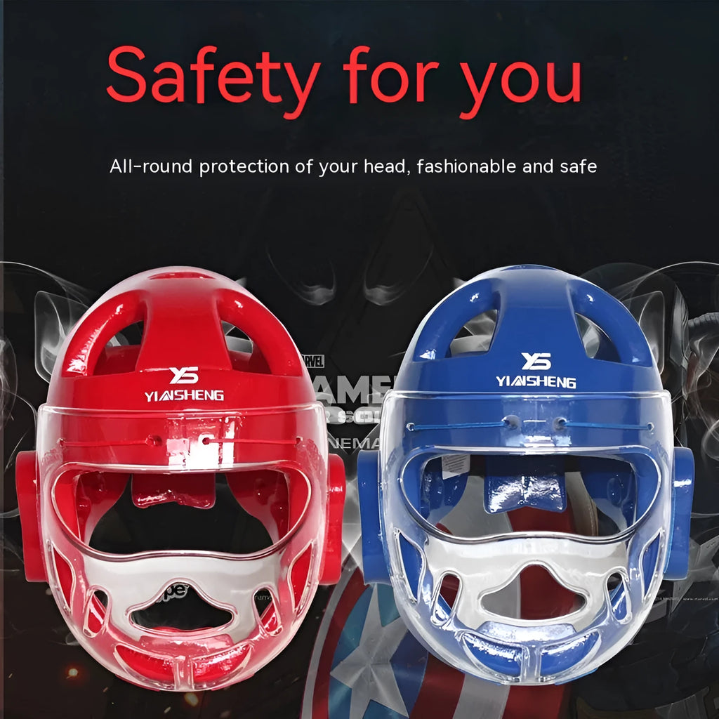 Karate helmet protective equipment for boxing in white, blue, or red colours available in S, M, L, XL sizes