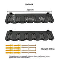 Black ABS plastic wall-mounted fishing rod holder showing upright and horizontal mounting options