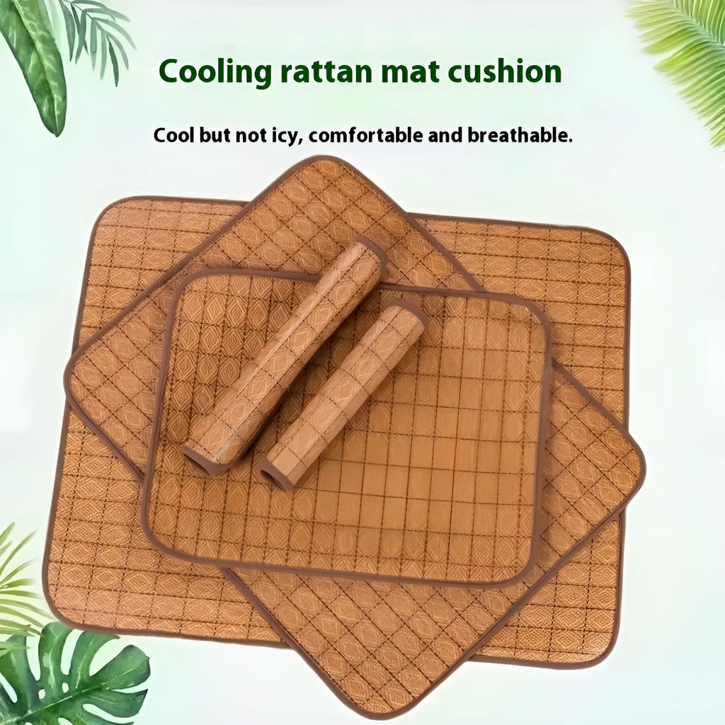 Brown rattan fibre dog cooling mat in raised woven design