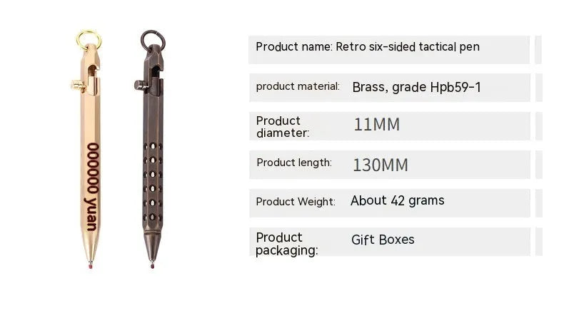 Brass hexagonal bolt rollerball pen with 0.5mm tip in natural and black finish options