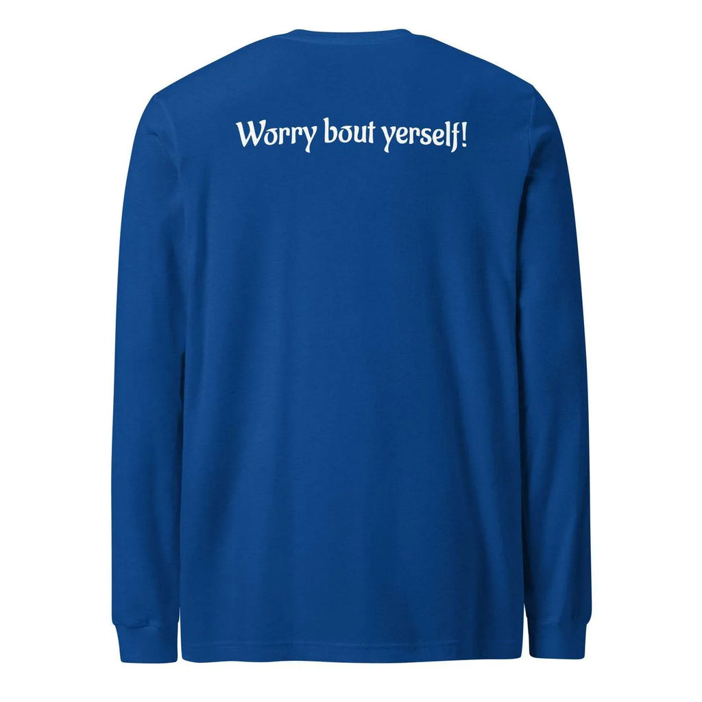 Men's blue loose fit sweater with printed letter pattern, showing front view.