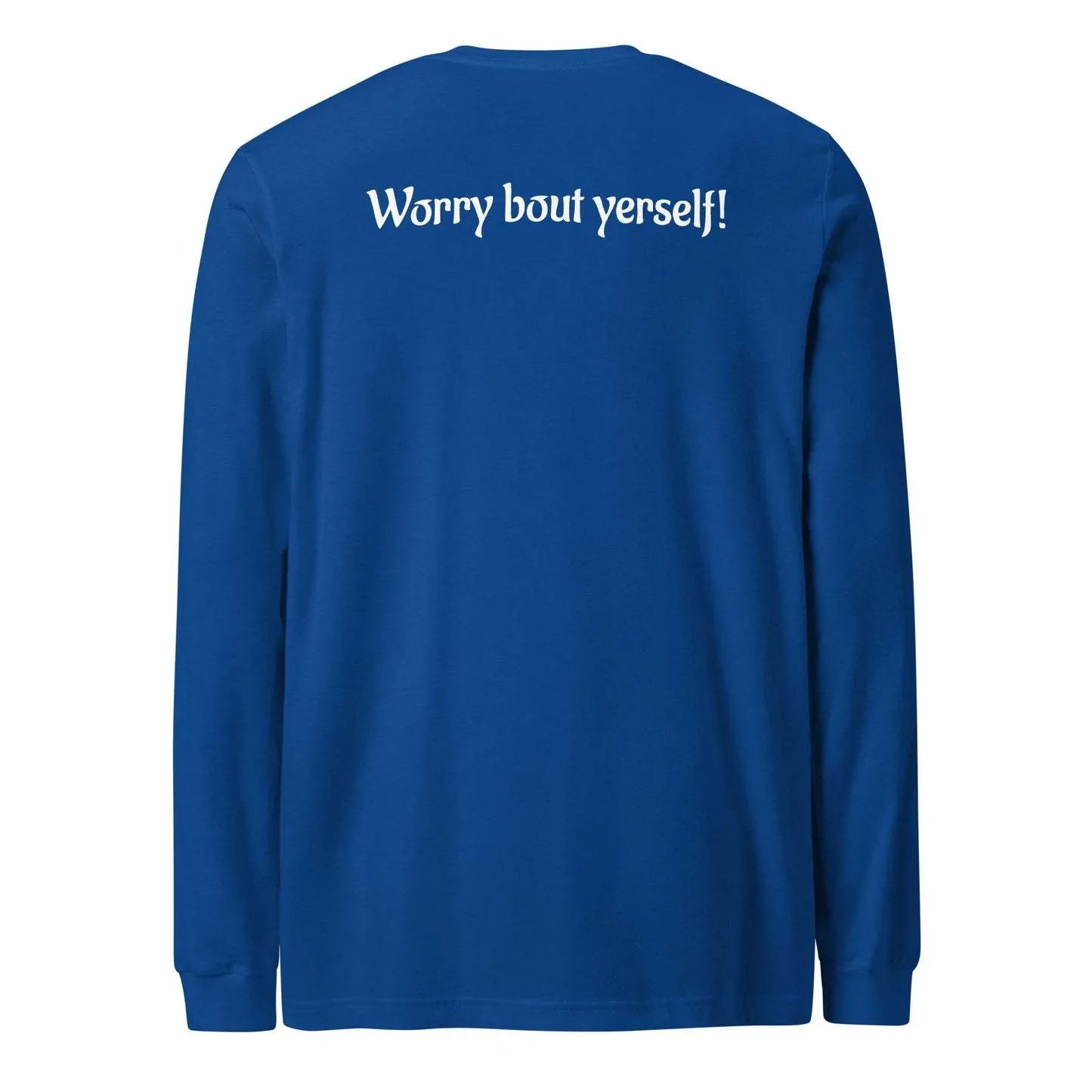 Men's blue loose fit sweater with printed letter pattern, showing front view.