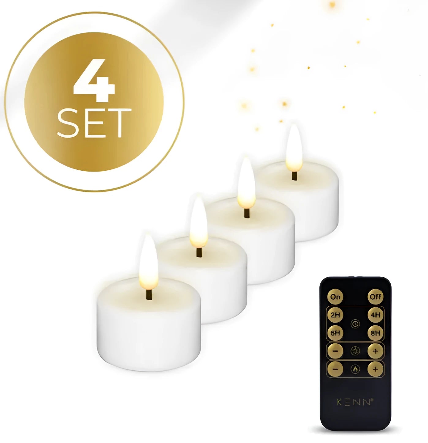 Four white S4 model LED tealight candles showing flameless light.