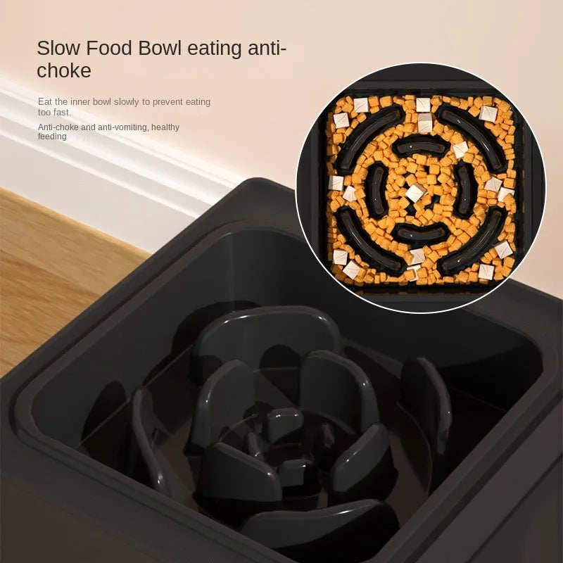 Adjustable dog feeding stand with two stainless steel bowls, set to medium height, black and grey colour
