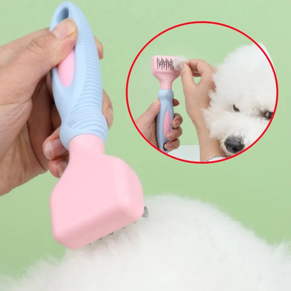 Stainless steel pet grooming comb with integrated knot knife for dogs and cats
