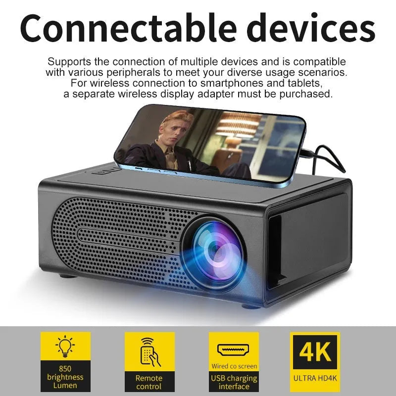 Black portable mini projector with wired mobile phone connectivity and compact design
