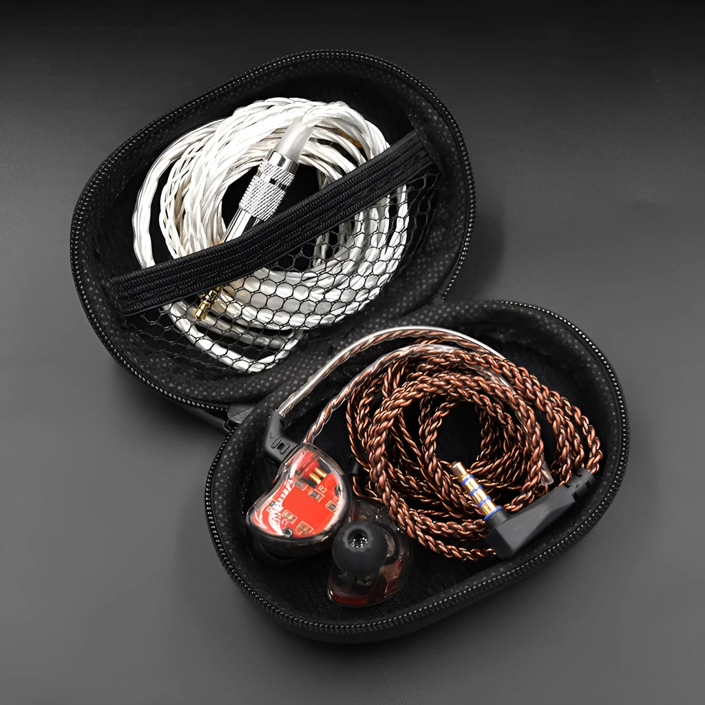 Black oval leather earphone storage bag designed for EDX PRO and compatible audio models